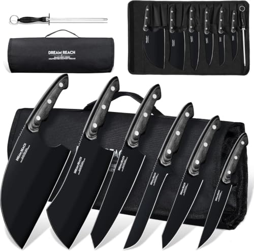 Dream Reach Set di Coltelli da Cucina 6 Pezzi, Manico in Legno, Nero | Con Borsa, Con Affilatore, Manico Ergonomico, Per Uso Domestico o all'Aperto