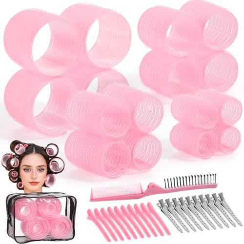 Obeoby 4 Sizes Rollers Hair Curlers for Women, 38 Pcs Set Hair Rollers Heatless 25mm 36mm 48mm 60mm Self Grip Hair Rollers with Clips, Curlers for Long Short Thick Thin Hair Bangs, Pink