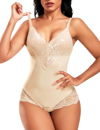 Niwicee Body Moldeador Mujer Tanga Fajas Reductoras Encaje con Cuello en V Shapewear Control de Abdomen Bodysuit Body Shaper Reductor Invisible Posparto Body Suits for Women(Beige,M)