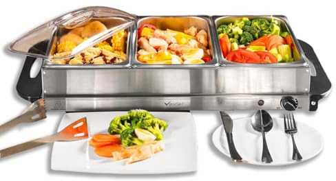 Vencier 3-Pan Buffet Server, 3 x 2.5L Capacity Per Pans, 300W Food Warmer with Adjustable Temperature, Portable Hot Plate & Chafing Dish, Bain Marie Steam Table for Catering & Entertaining (Silver/SS)
