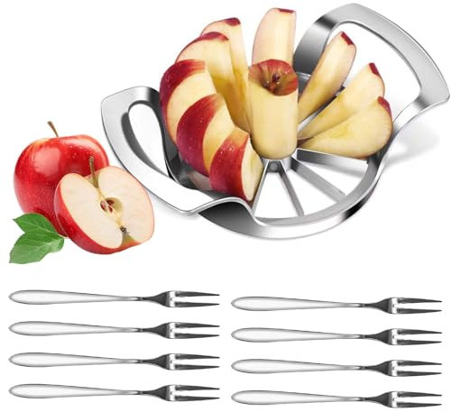 QINGYIWL Taglia Mela a Spicchi, 12 Lame Affettatrice di Mele con 8 Forchette da Frutta Acciaio Inox, Tagliamela Spicchi Acciaio Inox per Cucina, Ufficio (18 x 12 cm)