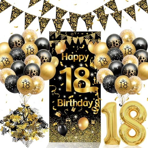 Kit déco 18e anniversaire Noir et Or - Décoration complète pour fête d'anniversaire garçon et fille : grande banderole de fond, guirlande triangulaire, ballon chiffre, ballons et confettis
