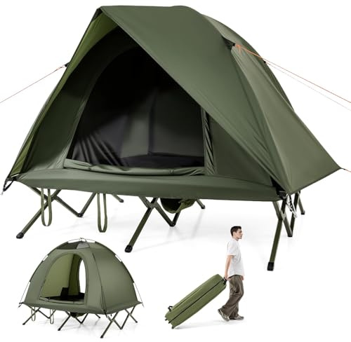 FANTASK Letto da campo con tenda per 2 persone, attrezzatura da campeggio con parapioggia, 2 ante in rete, lucernario e borsa arrotolabile, letto per alloggio per esterni, fino a 300 kg, 194 x 145 x