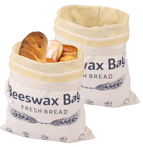 EHJAOOHH 2 stycken bivax brödpåsar 43 × 33 cm linne brödpåsar bivax brödväska ekologisk återanvändbar med avtagbar innerfolie tätningsspänne plastpåse för surdegbröd bröd
