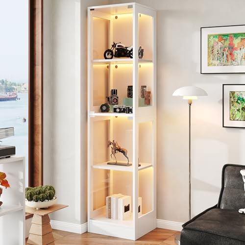 staronce Vitrine en verre 40 x 35 x 170 cm - Vitrine de collection avec verre trempé et LED d'application - 4 niveaux - Porte Push to Open - Blanc - Vitrine debout pour salon, chambre à coucher