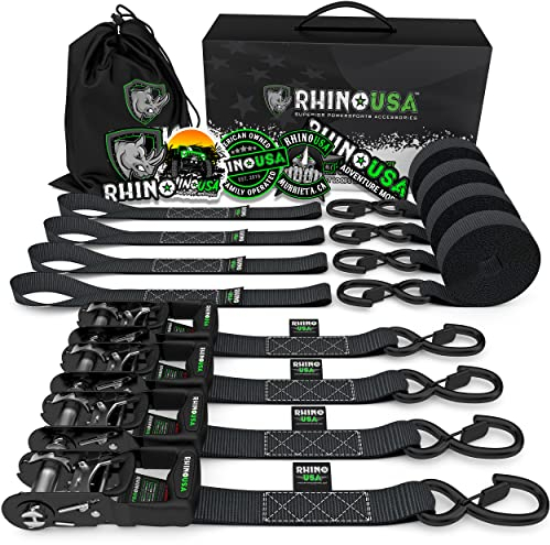 Rhino USA Spanngurte (4er-Pack) - 2.5 cm x 4.6 m (800 kg Bruchlast) - Ultimative Zurrgurte mit Sicherheits-S-Haken - Premium-Gurte für LKW, Ladung, Umzüge, Geräte - Schwarz