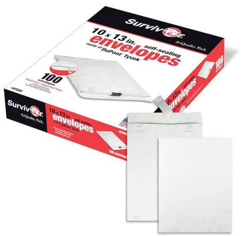 Quality Park Tyvek Envelopes, 100 Pack, Large 10 x 13 Mailers, Easy-to-Open Tamper Evident Pull Strip, Rip, Puncture & Water Resistant Self Sealing Mailing Envelopes for Lightweight Shipping, White