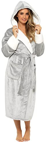 KATE MORGAN Ladies Dressing Gown Fluffy Super Soft Hooded Bathrobe for Women Plush Fleece Perfect Loungewear Long Robe | Gifts for Women 16-18 Grey Shimmer