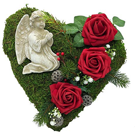 Grabgesteck Grabschmuck Grabaufleger Moosherz Grabherz Trauerherz Grab Herz Gesteck Rosen mit Engel (Rosen Rot)