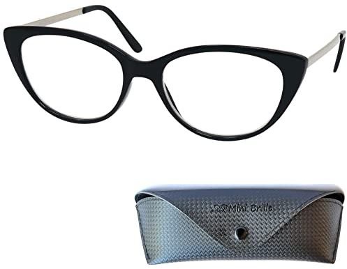 Mini Brille - Occhiali con Luce Blu Bloccanti Stile da Gatto, Custodia inclusa, Montatura in Plastica con Aste in Acciaio Inox (Nero), Cat Eye Occhiali da Lettura Donna +1.5 Diottrie