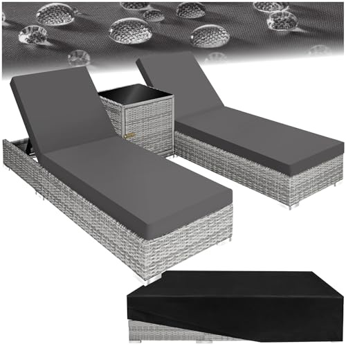 tectake® Set de 2x Chaise Longue Bain de Soleil avec Dossier réglable + Table de Jardin en Aluminium et Resine Tressee + 2 Set de Housses + Housse de Protection Piscine Balcon Jardin - Gris Clair