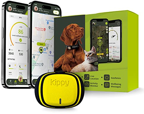 Kippy – GPS Tracker Halsband Evo für Hunde und Katzen – Gesundheits- und Aktivitäts-Tracker – Katze, Hund – Wasserdichter GPS Tracker – Ortungsgerät mit Sofortalarm und Led – Gelb