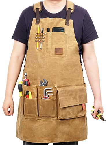 Leather Welding Apron With 10 Pockets, Woodworking Apron for Men, Heat & Flame-Resistant Heavy Duty Waxed Canvas Work Apron, Quick Release Cross-Back Straps - Adjustable S to XXXL (Brown), Brown, XXXL