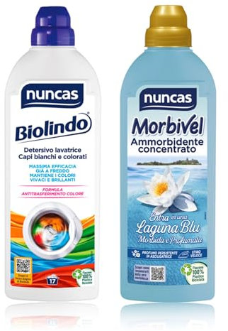 Nuncas Biolindo Detersivo Lavatrice Capi Bianchi e Colorati - 1L & Morbivel laguna blu ammorbidente - 750ml