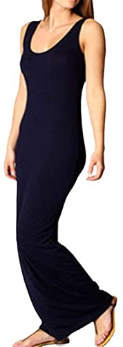 Dam ärmlös hög stretch rock rund hals bodycon lång klänning dam solid smal maxiklänning, marinblå, XXL
