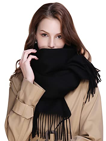 Women's Cashmere Scarf Warm Winter Soft Checked Plain Fine Knit Large Tube Scarf with Tassels for Men Girls Autumn Black 200 x 68 cm, black, 200*68cm