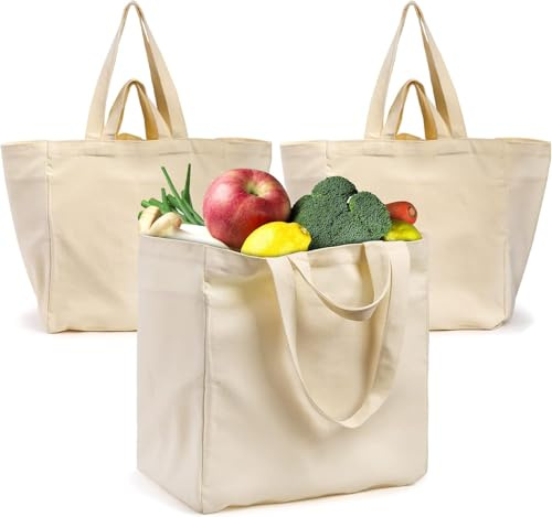 Tosnail 3 Pack Canvas Grocery Tote Bags with 8 Pockets, Large Reusable Beach Bag Baby Changing Bag with Long Shoulder Strap and Short Handles, 35.5x24.5x38cm