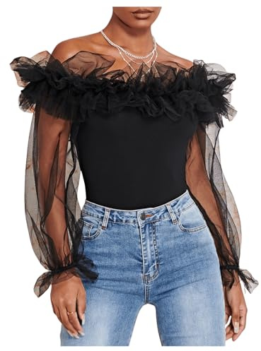 OYOANGLE Women's Ruffle Off Shoulder Blouse Mesh Puff Sleeve Party Tops Fitted Tee Shirt Black XXL