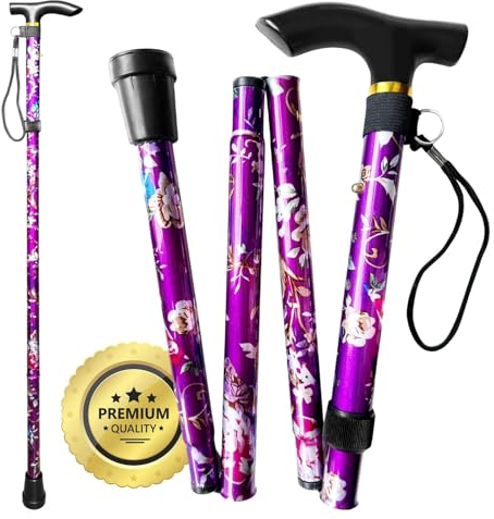 OrtoPrime Gehstock Klappbar Modern und Elegant für Damen und Herren - Höhenverstellbar - Faltbarer Gehstock mit Blumenmuster.