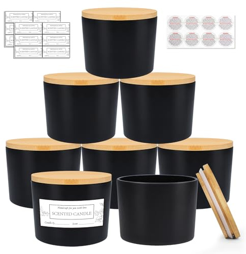 CONNOO 8 Pack 12 OZ Black Glass Wide Mouth Candle Jars for Making Candles with Airtight Bamboo Lids Nice Sticky Warning Labels for Candle Making Empty Container Bulk - Dishwasher Safe