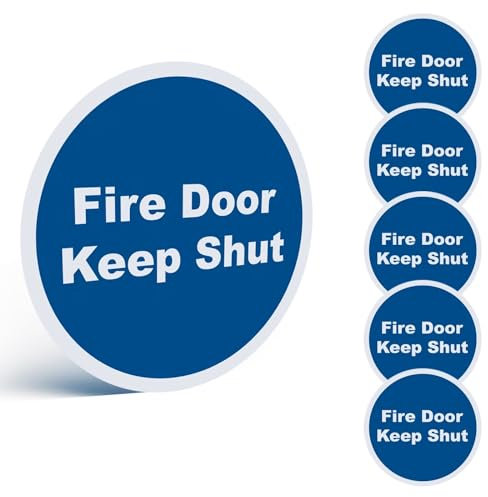 6 Pack Fire Door Keep Shut Sign – 80mm Round Self-Adhesive Safety Stickers, BS5499 & EN7010 Compliant, Waterproof Vinyl, Easy to Apply, for Offices, Schools, Factories & Public Buildings