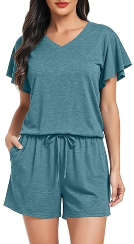 Lovasy Pigiama Donna Cotone Estiva Ruffle Maniche Pigiami Set Corta Scollo a V e Maniche Corte 2 Pezzi Pigiama da Casa Leggero T-Shirt Pigiama A Verde L