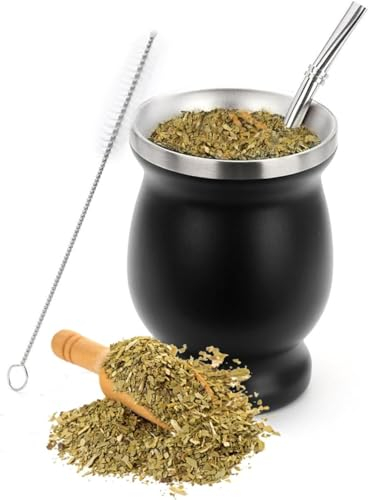 Ruikcoll Taza de té mate de doble pared de, Vaso Yerba mate de acero inoxidable con pajita de acero inoxidable y cepillo de limpieza, para café,mate, té de frutas(negro)