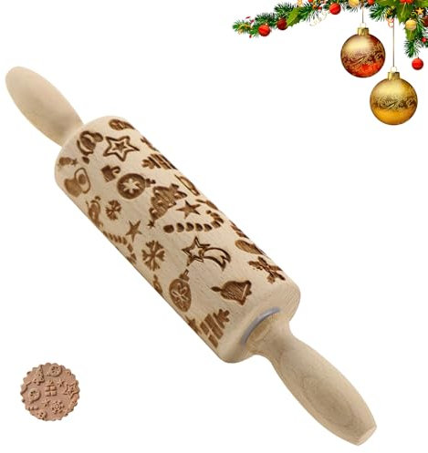 Gebiuhoo Mattarello in Rilievo con Motivo 35cm Goffrato Legno 3D Natalizio per Cottura con Incisione a Forma di Natale per Pizza Biscotti Impasto
