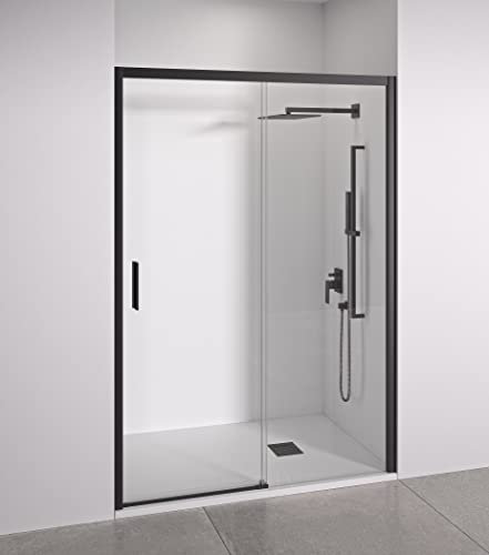 BELLOBATH - Paroi de douche 2 panneaux dont 1 coulissant en niche - Largeur réglable 140-145 cm - Hauteur 195 cm - Verre securit trempé anticalcaire 6 mm des deux côtés - Profilés Noir mat