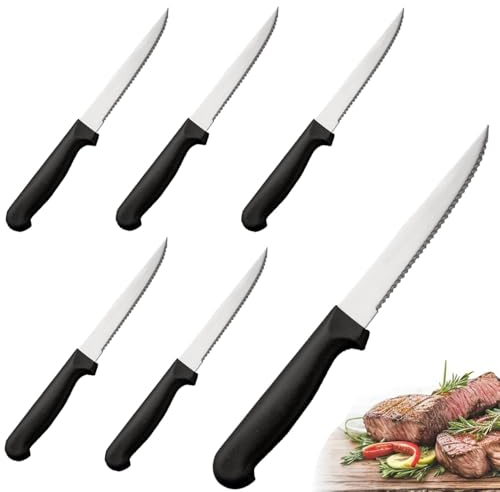 PALUPLUS Set 6 Coltelli da Carne a PUNTA in Acciaio Inox, Lunghezza 21 cm, Lama Seghettata e Temprata, Impugnatura Ergonomica, Coltelli da tavola per Bistecca e Pizza, Made Italy -997