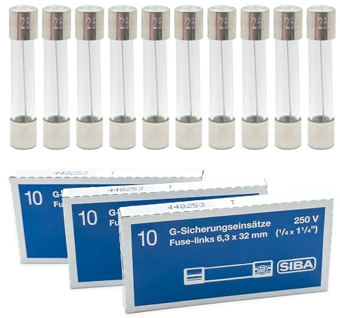 SIBA 12A Glassicherungen 6,3x32mm | 10 Stück Feinsicherungen Träge Auslösecharakteristik | G-Sicherungseinsätze (6x30mm) für 220V / 230V / 250V AC
