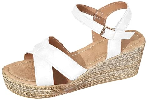 KUIH Sandals for Women, Espadrille Wedge Sandals Leather Ankle Strap Platform Wedge Shoe Ladies Wide Fit Walking Sandal Lightweight Comfortable Beach Sandal Orthopedic Shoes for Plantar Fasciitis