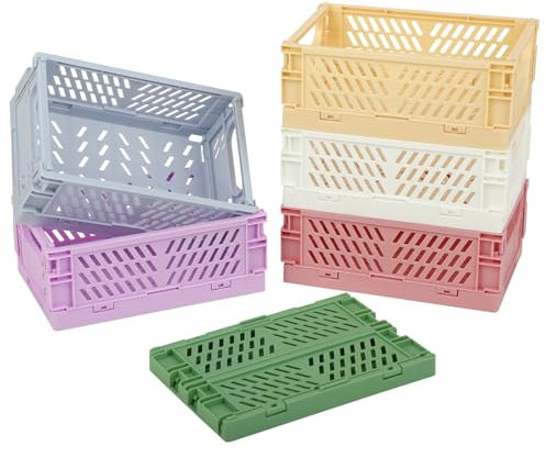 KITDAHOM 6 Mini Scatole Pieghevoli - Scatola Pieghevole Mini Resistente - 15 x 10 x 1.5-6 cm - Plastica - Impilabili - Per Cucina, Bagno, Ufficio, Camera da Letto (Verde, Blu, Giallo, Rosa, Bianco)