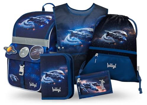 Baagl Schulranzen Jungen Set 5 Teilig (Zippy Schultasche für 1. Klasse, Mäppchen, Turnbeutel, Schürze, Brustbeutel), Grundschule Ranzen, Ergonomischer Schulrucksack, 18 l (Space Ship)