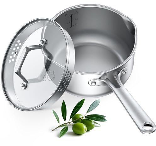 PekGema Stainless Steel Saucepan 2.5 Quart with Glass Strainer Lid, Thicken Tri-ply Full Sauce Pot, Two Side Spouts for Easy Pour, Dishwasher Safe, Induction Ready, Compatible with All Cooktops