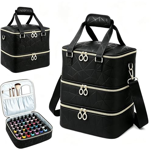 Nail Polish Organizer Bag, Three Layer Holder for 60 Bottles Portable Nail Kit Case with Foam Pads for Nail Art Lamp & Tools Travel Storage for Nail Technicians