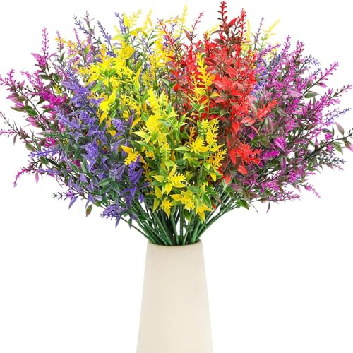 8 Bundles Artificial Flowers, UV Resistant Faux Lavender Plants Outdoor | Fade-proof Fake Flowers 4 Colors, Faux Shrubs Plants for Indoor Outdoor Decor, Pet-friendly, Lifelike, Zero Maintenance