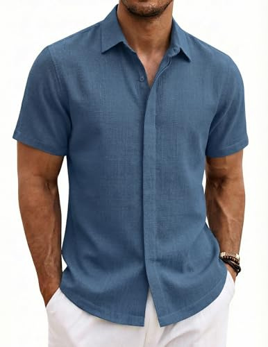 COOFANDY Camisa Hombre Manga Corta Verano 100% Algodón Camisas Hombre Casual Regular Fit