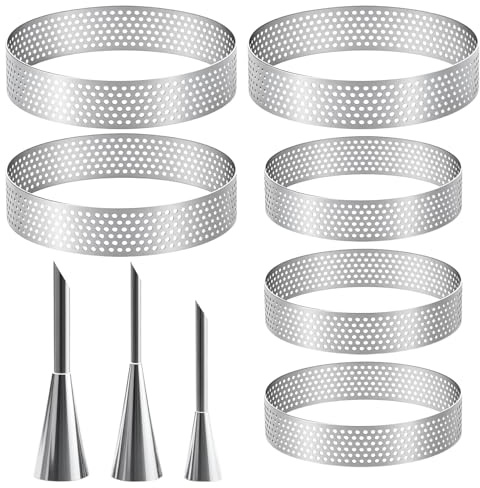 CARANNACLTD 6 stycken Ø 8/10 cm dessertringar, 430 rostfritt stål tartelettformar, perforerade crumpetringar, bakringar för tårtor bakverk minikakor muffins