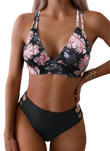 Yutdeng Bañador Dos Piezas Mujer Braga Alta Bikini Push Up con Aros Bikinis Reductor Barriga Talle Alto Vientre Plano con Pliegue Traje De Baño Mujer 2 Piezas Ropa de Baño Biquini,Rosa,S