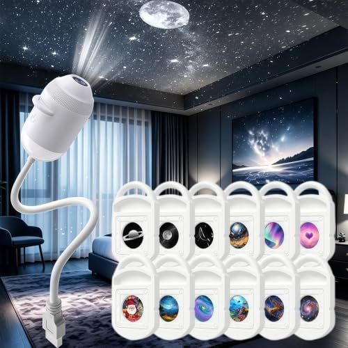 2026 ny HD smart dynamisk 5d holografisk nattljusprojektor med 24 filmer, 360° justerbar 2-i-1 Galaxy Star projektorlampa, USB-driven för sovrum, vardagsrum, bil (12-i-1)