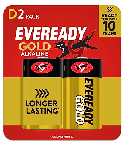 Eveready Gold Alkaline D Batteries, 2 Pack of D Cell Batteries