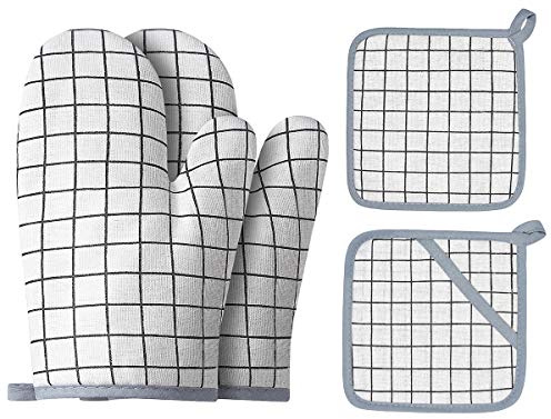 Win Change Guanti da forno e presine per barbecue, guanti da forno e presine, con imbottitura in silicone riciclato, antiscivolo, per cucinare cottura e grigliare (set da 4 pezzi) (bianco)