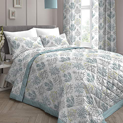 Dreams & Drapes - Duck Egg Floral Fern Bedspread (230cm X 195cm) - Reversible Design - Botanical Leaf Quilted Bedspreads in Duck Egg - Floral Blanket/Bed Cover for Bed - Matching Duvet Cover Available