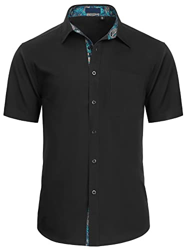 Enlision Camisas para Hombre Manga Corta Casual Camisa de Vestir Formal Camisas Regular Fit Camisa Business Elegante Camisa Negro/Azul XXL