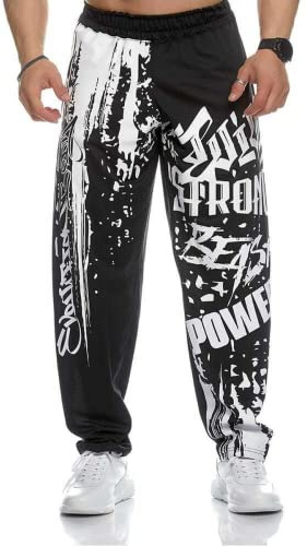 Oogude, Pantaloni da uomo atletici con coulisse, pantaloni da palestra stampati larghi, pantaloni da corsa e allenamento con tasche, Nero , M