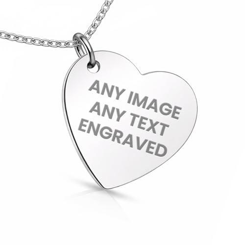 COLUMN Personalised Sterling Silver Heart Necklace Plain Heart Pendant Jewellery 925 Silver Photo Text Engraved Custom Gift +Free Silver Necklace