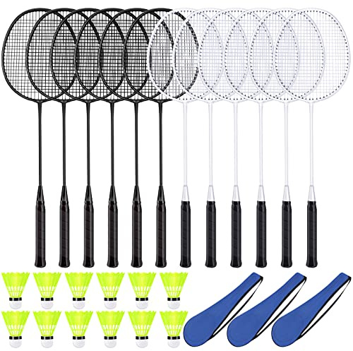 Chitidr 12 Pack Badminton Rackets Set Including Badminton Racquets, Nylon Shuttlecocks and Carry Bag for Outdoor Backyard Games Beginners(12 Pack,White, Black)