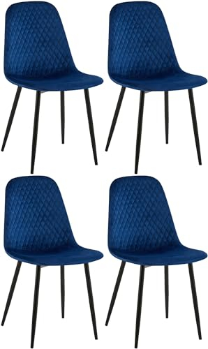 CLP 4er Set Esszimmerstuhl gepolstert Giverny, Stoffstuhl mit Ziernähten und Bodenschonern, Sessel belastbar bis 150 kg, Farbe:blau, Material:Samt