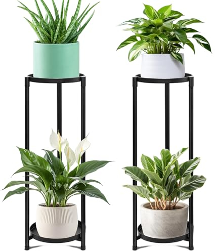 Estantería para plantas de 2 niveles, para exteriores, juego de 2 unidades, soporte para plantas, soporte de metal negro, soporte para macetas, banco de flores, escaleras para plantas, escaleras